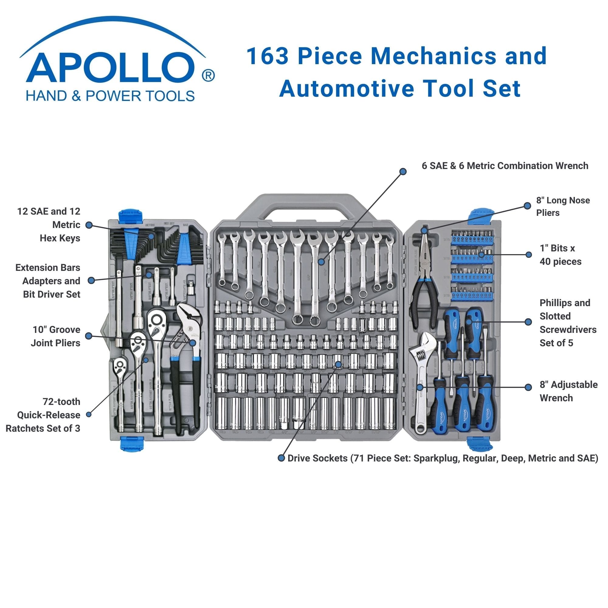 Maletín de Herramientas de Mecánica 163 Piezas Apollo Tools DT0002 — Vasos Métricos y en Pulgadas