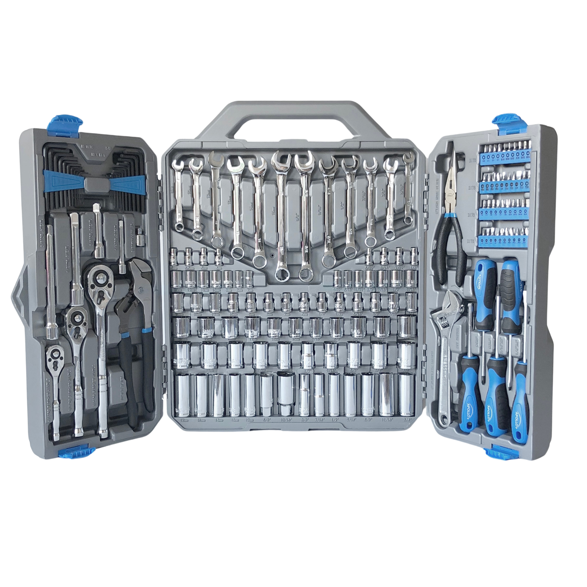 Maletín de Herramientas de Mecánica 163 Piezas Apollo Tools DT0002 — Vasos Métricos y en Pulgadas