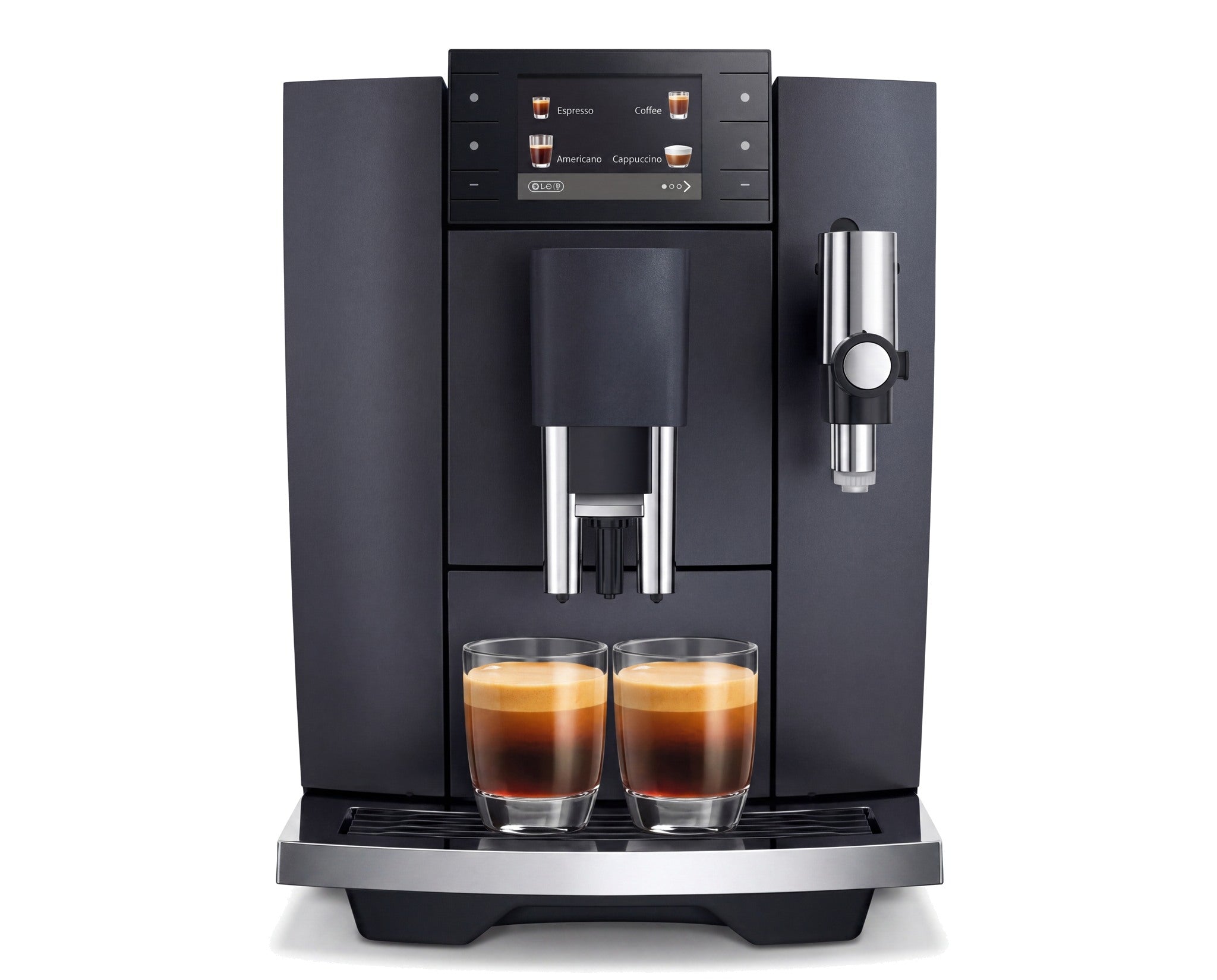 Cafetera superautomática negra vista de frente con dos espressos servidos