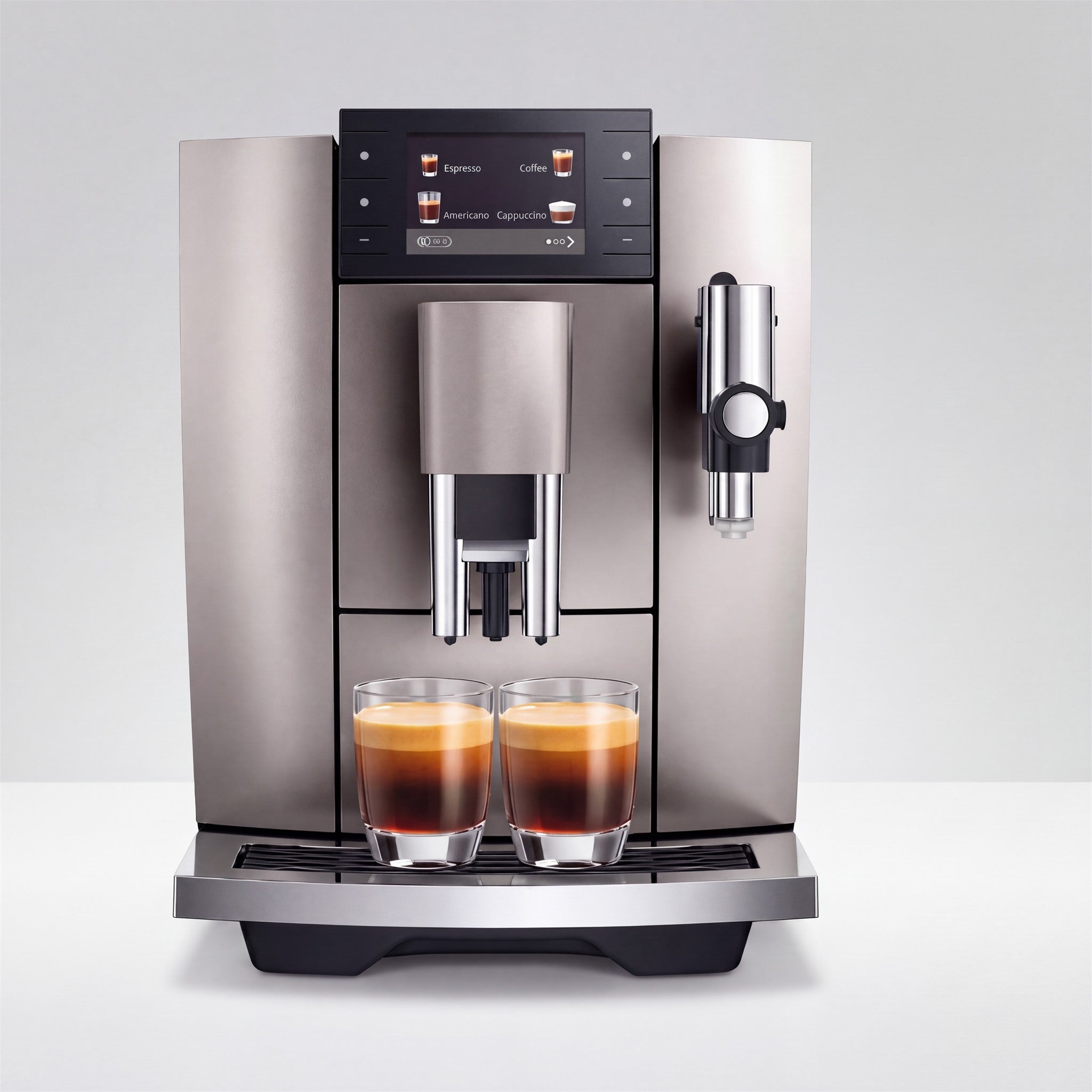 Cafetera superautomática en acabado Midnight Silver vista de frente con dos espressos