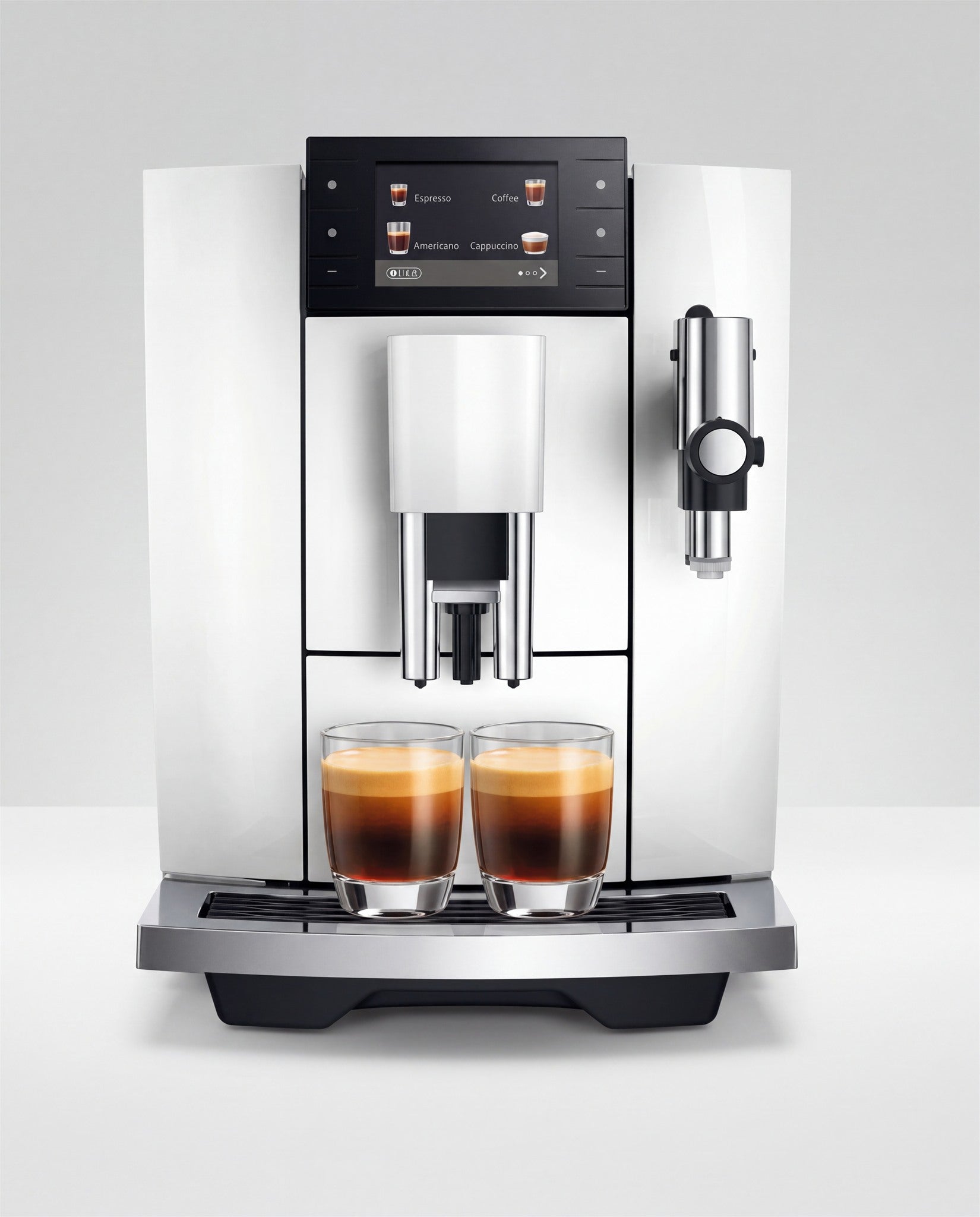 Cafetera superautomática en acabado Piano White vista de frente con dos espressos